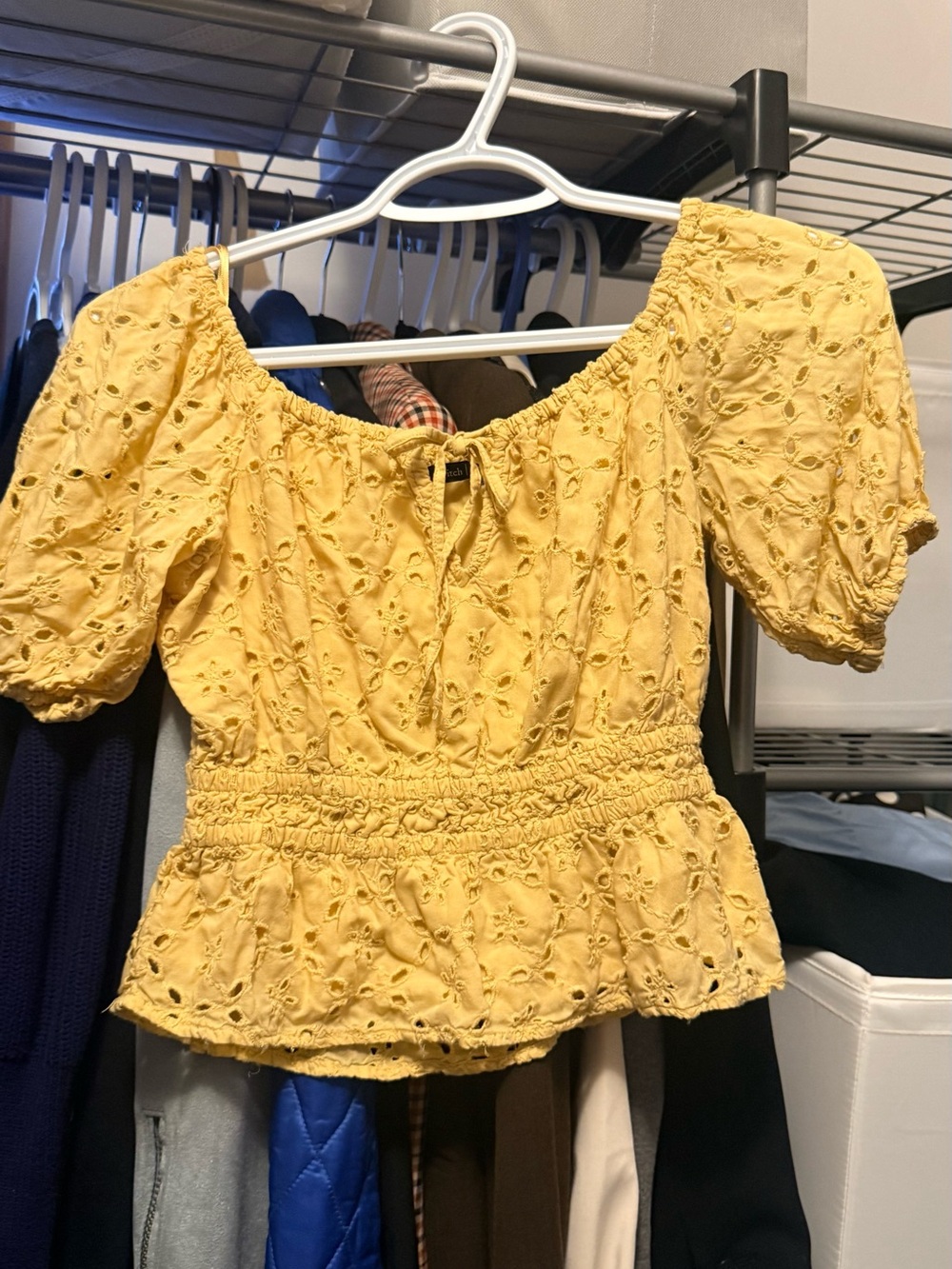 Abercrombie & Fitch Yellow Eyelet Puff-Sleeve Peplum Crop Top